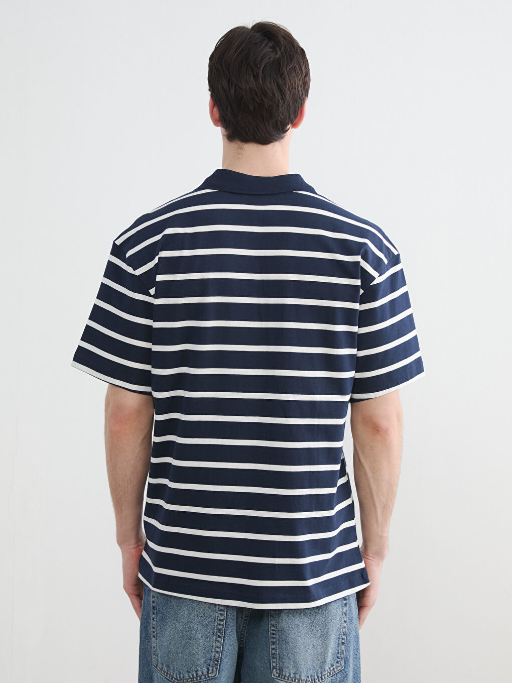 Lacivert Bol Fit Çizgili Polo Yaka Erkek Tişört-3