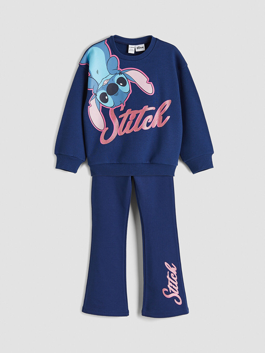 Lacivert Stitch Baskılı Kız Çocuk Sweatshirt ve İspanyol Paça Tayt
