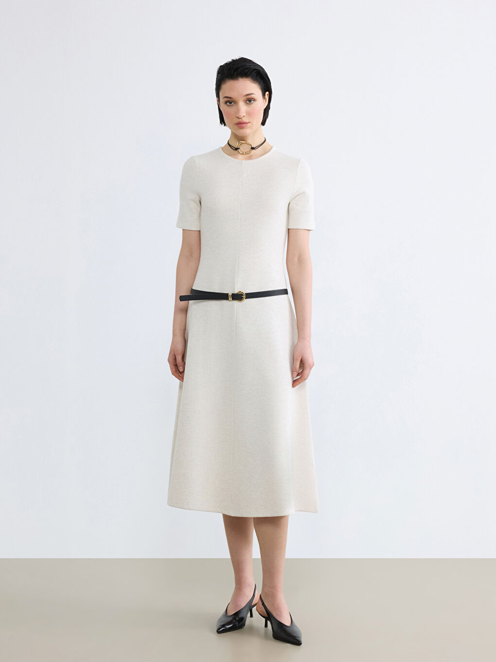 Ekru Bisiklet Yaka A Kesim Elbise-1