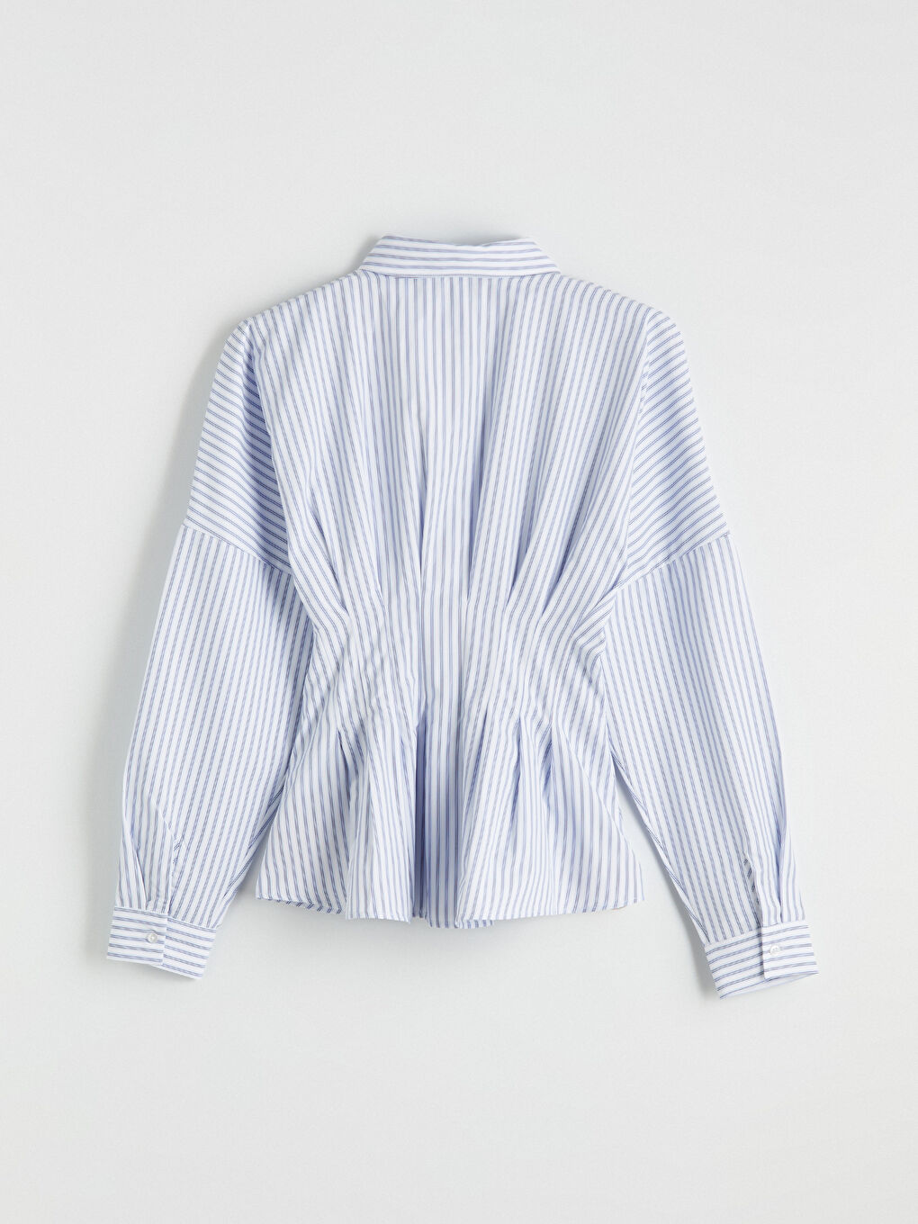 Mavi Çizgili Kadın Pileli Peplum Gömlek-3