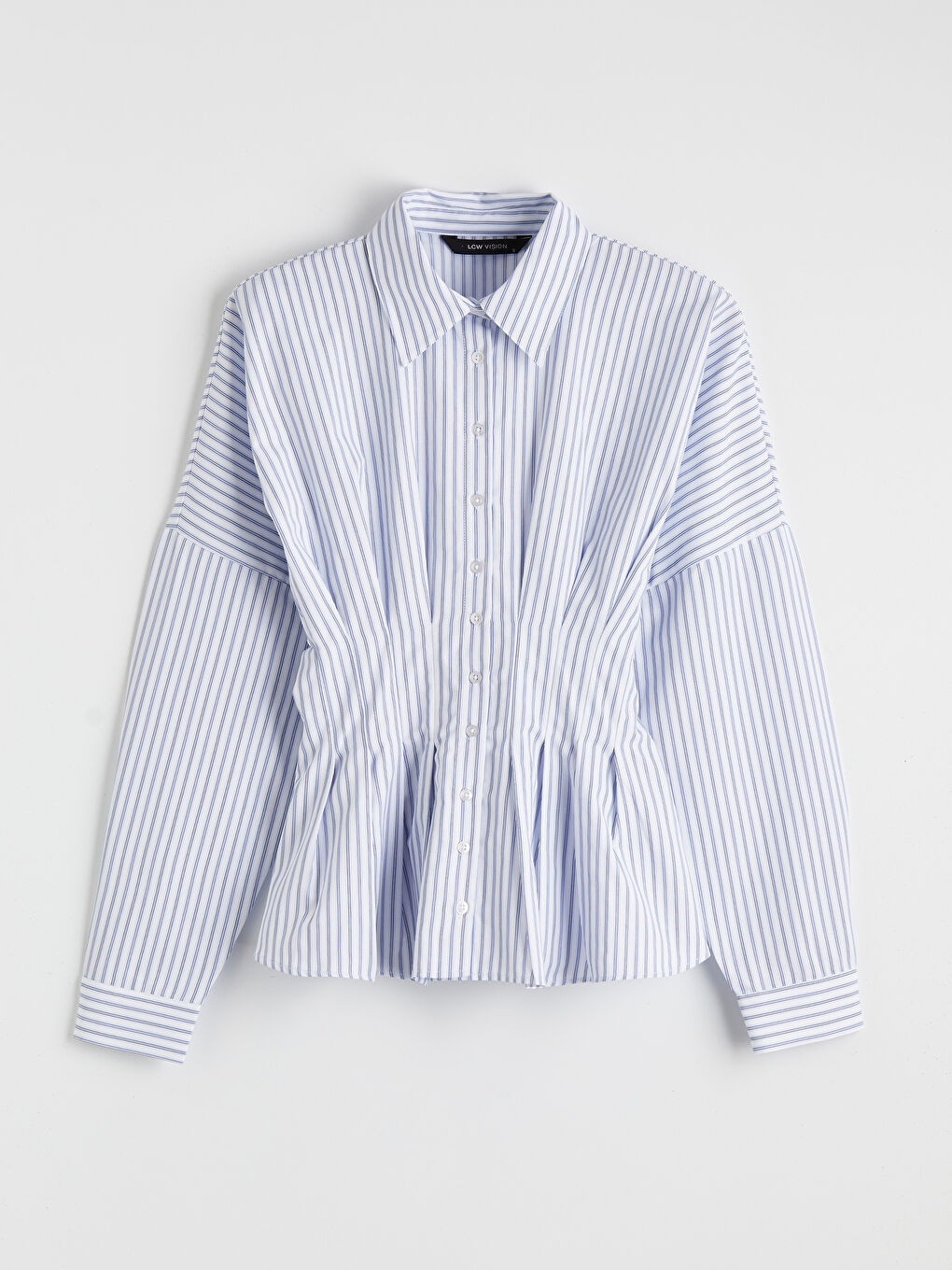 Mavi Çizgili Kadın Pileli Peplum Gömlek-4