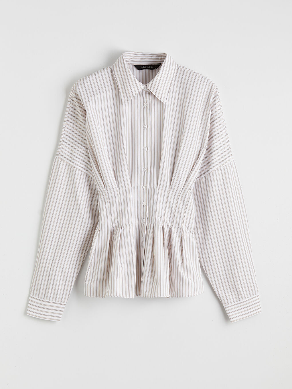 Kahverengi Çizgili Kadın Pileli Peplum Gömlek