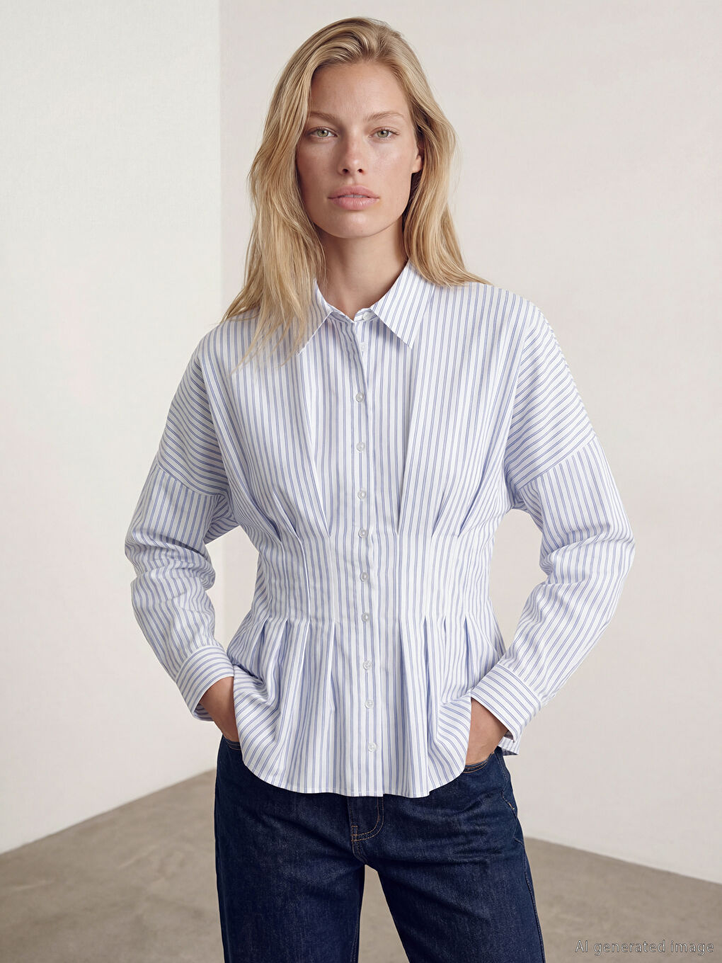 Mavi Çizgili Kadın Pileli Peplum Gömlek