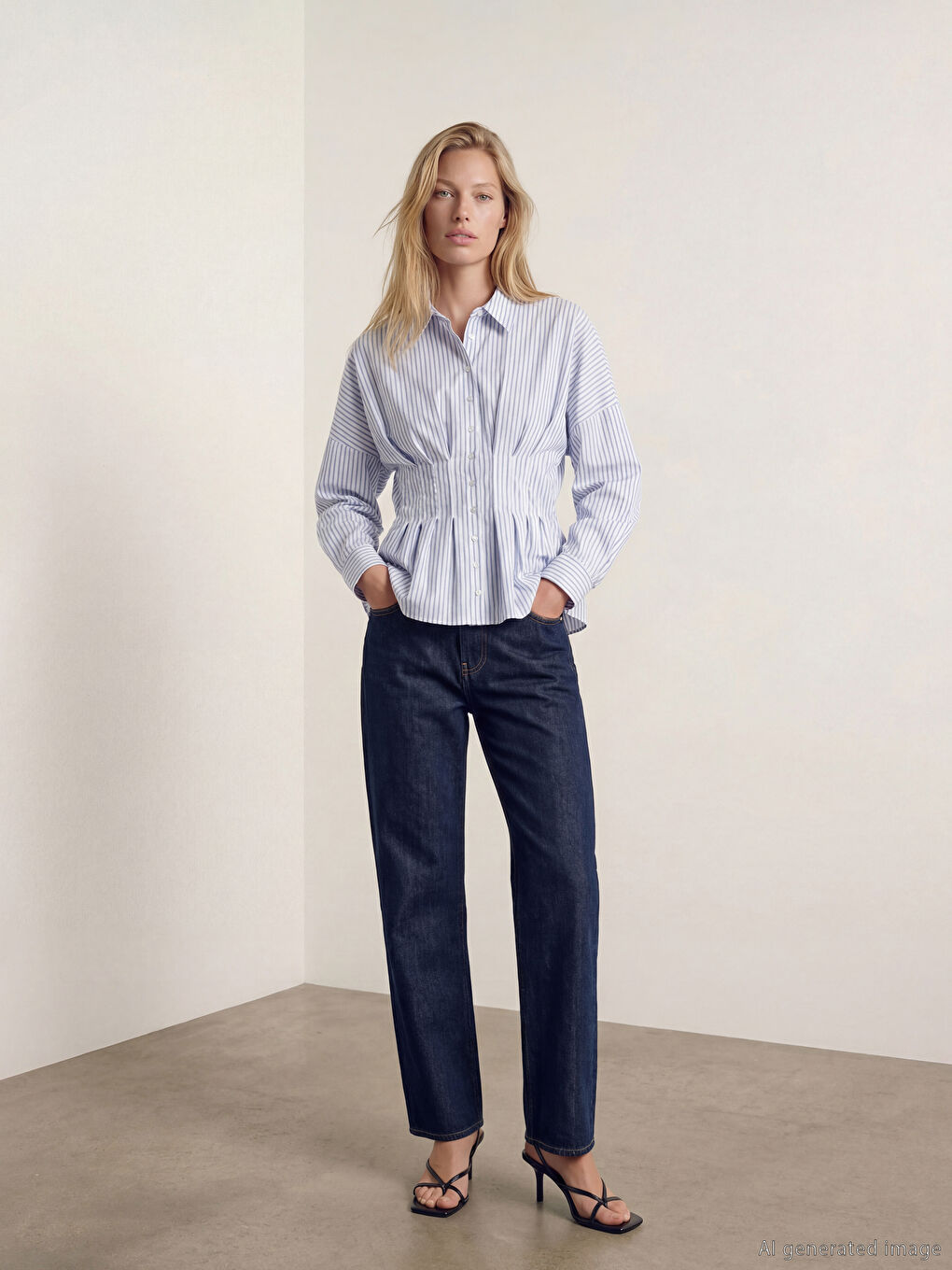 Mavi Çizgili Kadın Pileli Peplum Gömlek-1