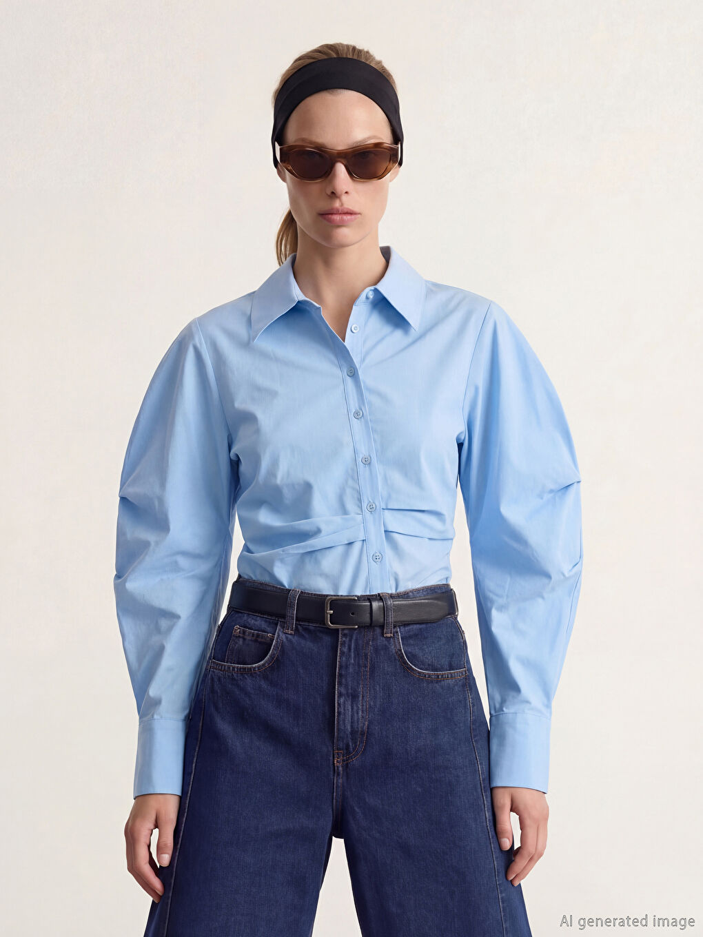 Mavi Balon Kollu Büzgülü Kadın Gömlek