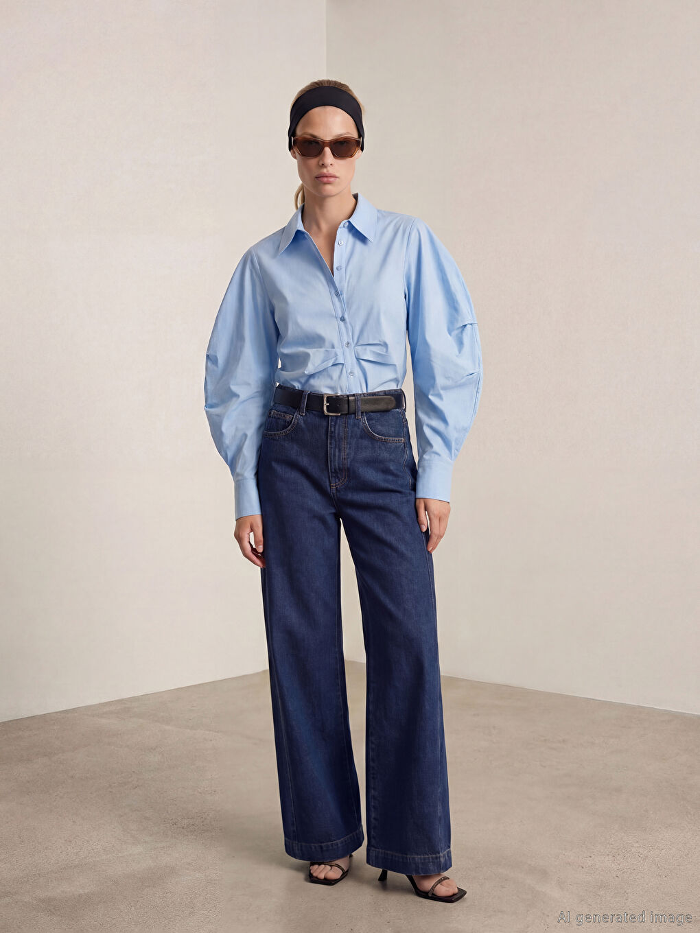 Mavi Balon Kollu Büzgülü Kadın Gömlek-1