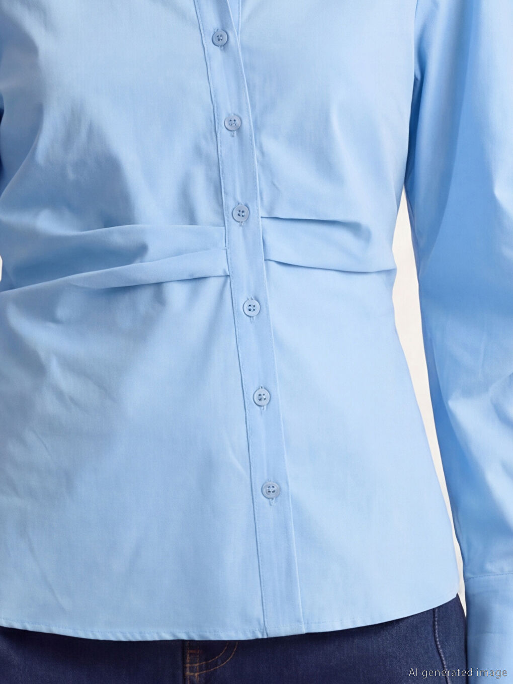 Mavi Balon Kollu Büzgülü Kadın Gömlek-2