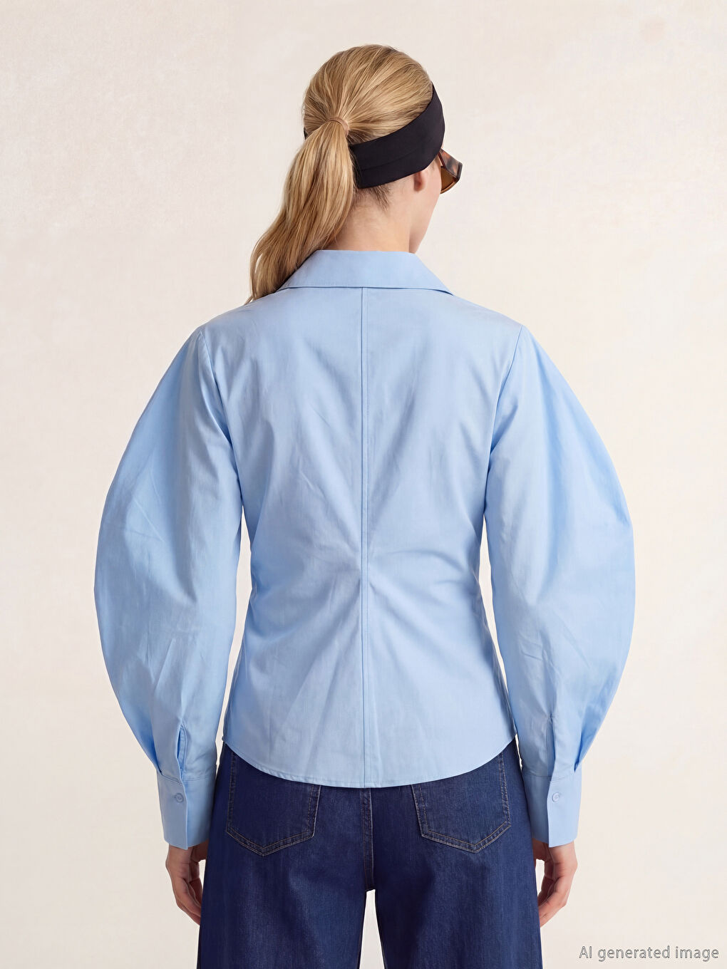 Mavi Balon Kollu Büzgülü Kadın Gömlek-3