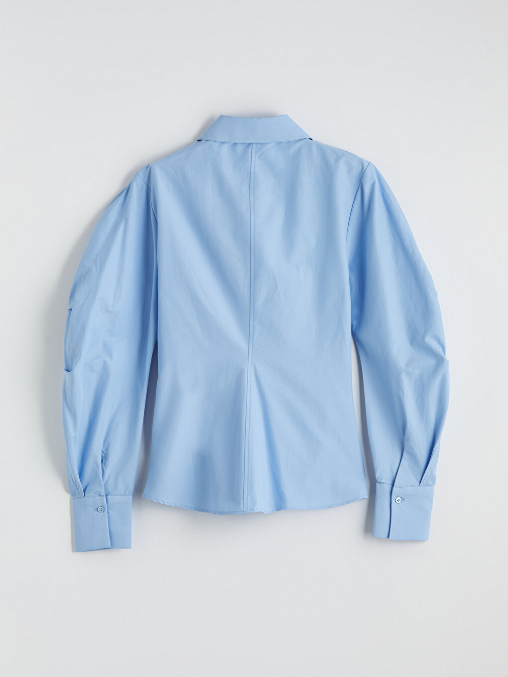 Mavi Balon Kollu Büzgülü Kadın Gömlek-6