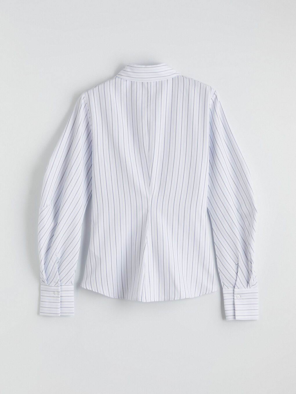 Mavi Çizgili Balon Kollu Büzgülü Kadın Gömlek-2