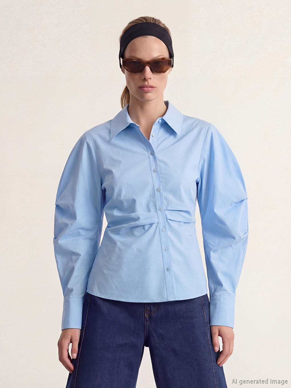 Mavi Balon Kollu Büzgülü Kadın Gömlek