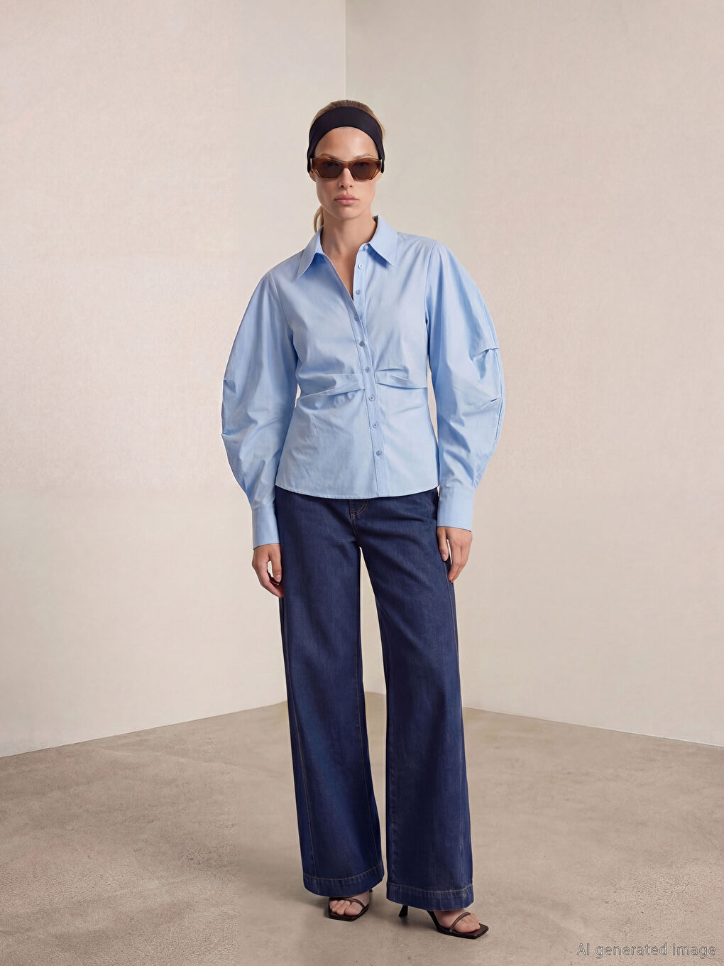 Mavi Balon Kollu Büzgülü Kadın Gömlek-1