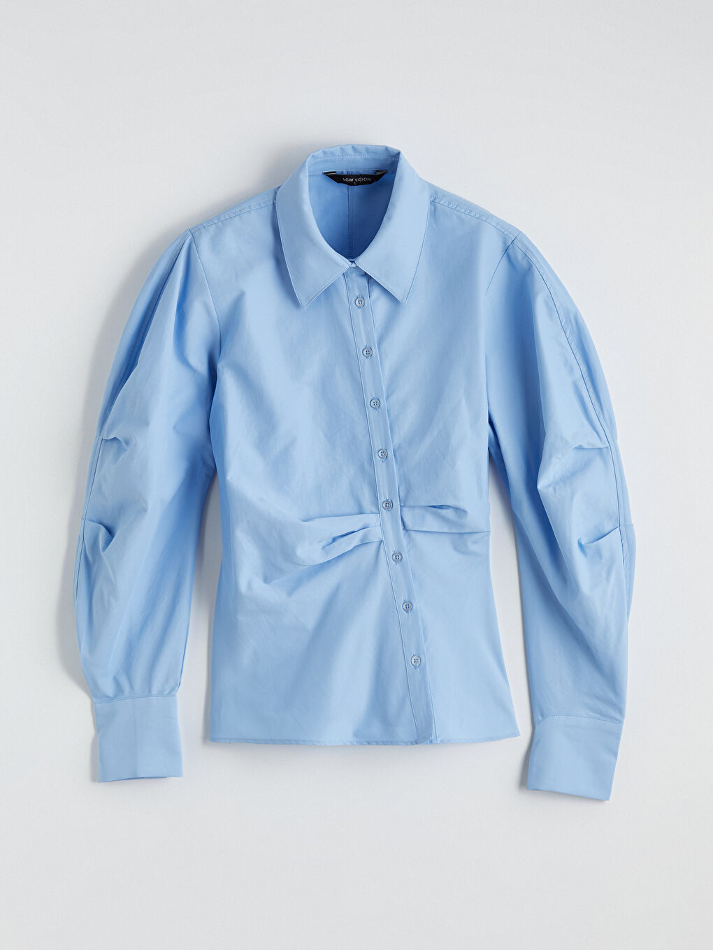 Mavi Balon Kollu Büzgülü Kadın Gömlek-4