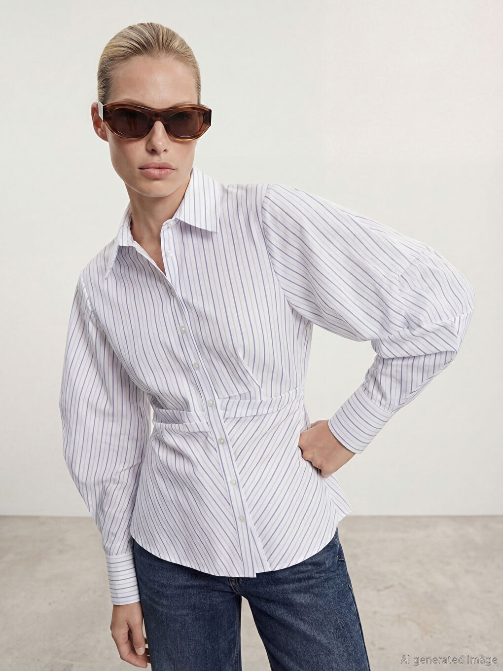 Mavi Çizgili Balon Kollu Büzgülü Kadın Gömlek