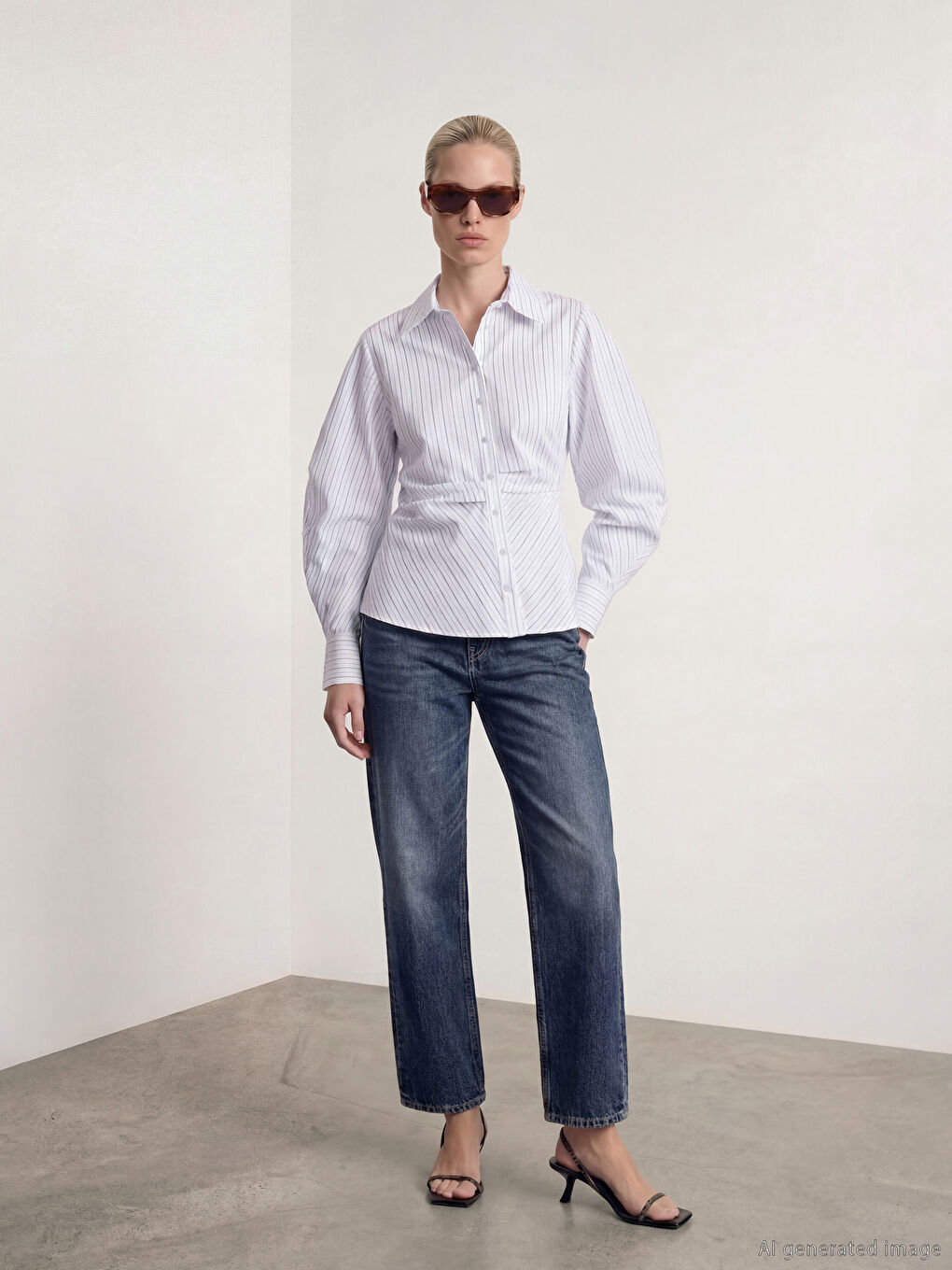 Mavi Çizgili Balon Kollu Büzgülü Kadın Gömlek-1