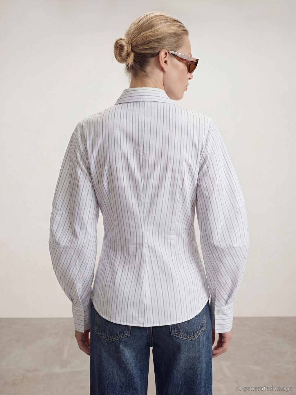 Mavi Çizgili Balon Kollu Büzgülü Kadın Gömlek-2