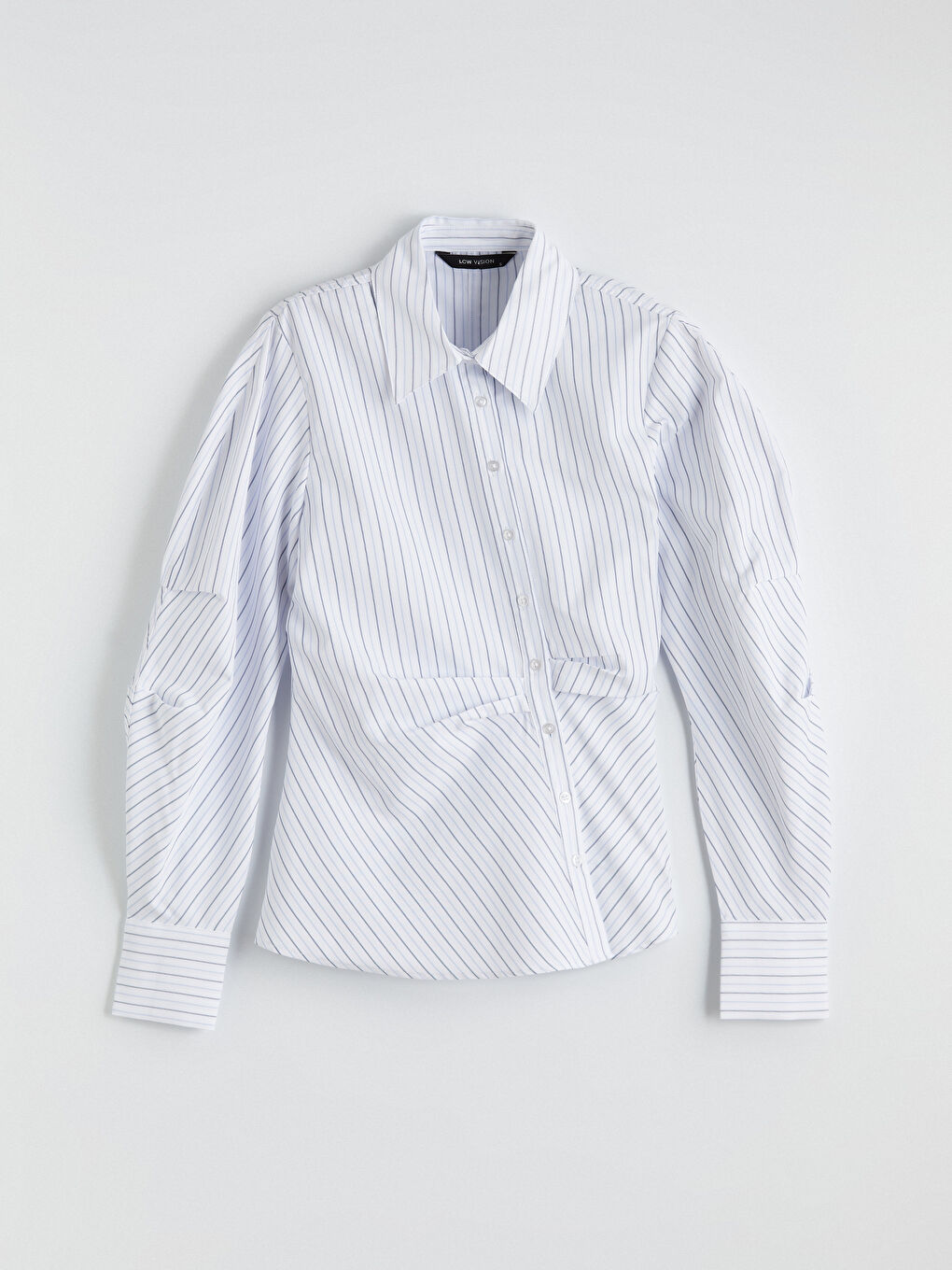 Mavi Çizgili Balon Kollu Büzgülü Kadın Gömlek