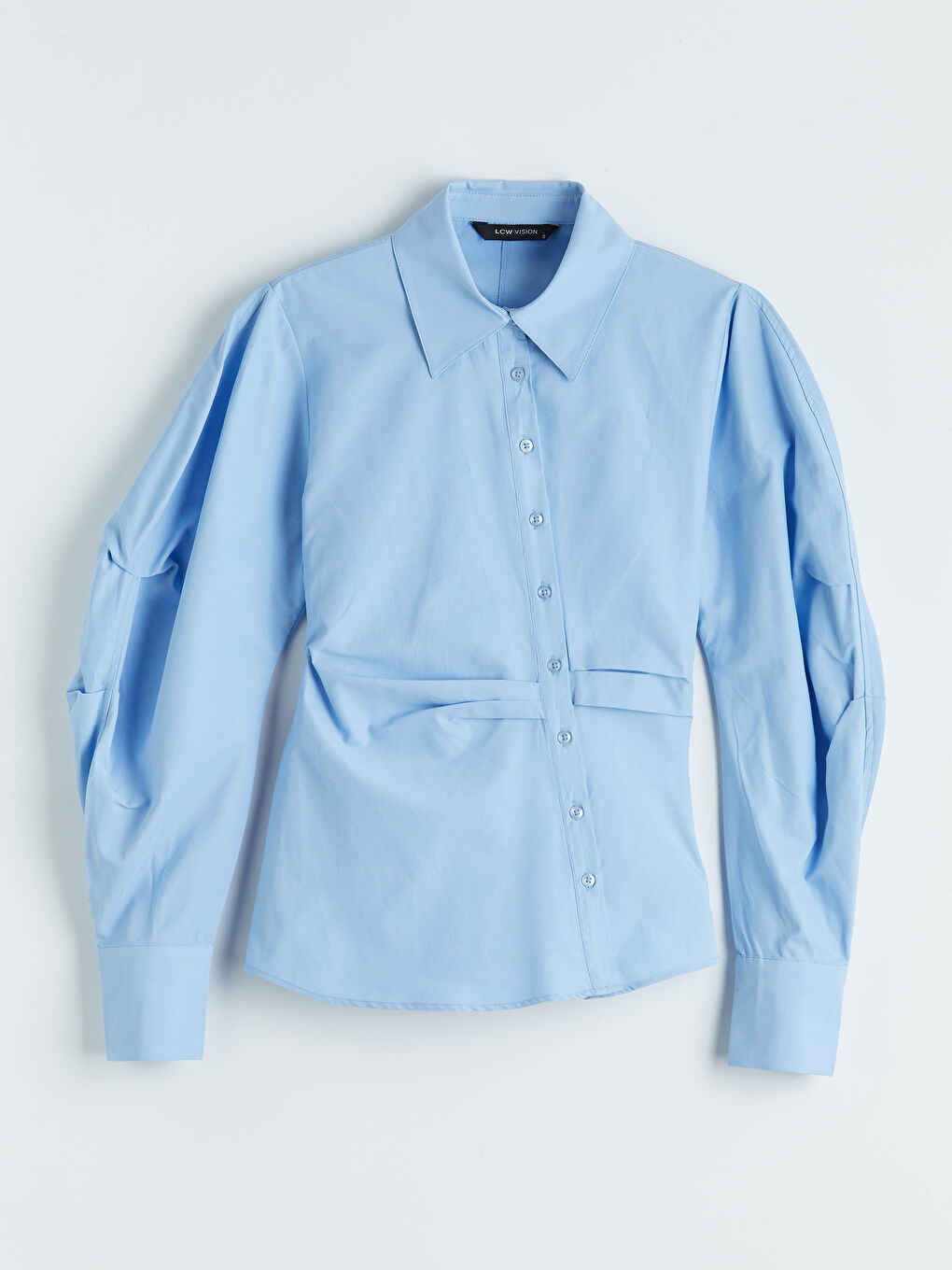 Mavi Balon Kollu Büzgülü Kadın Gömlek-4