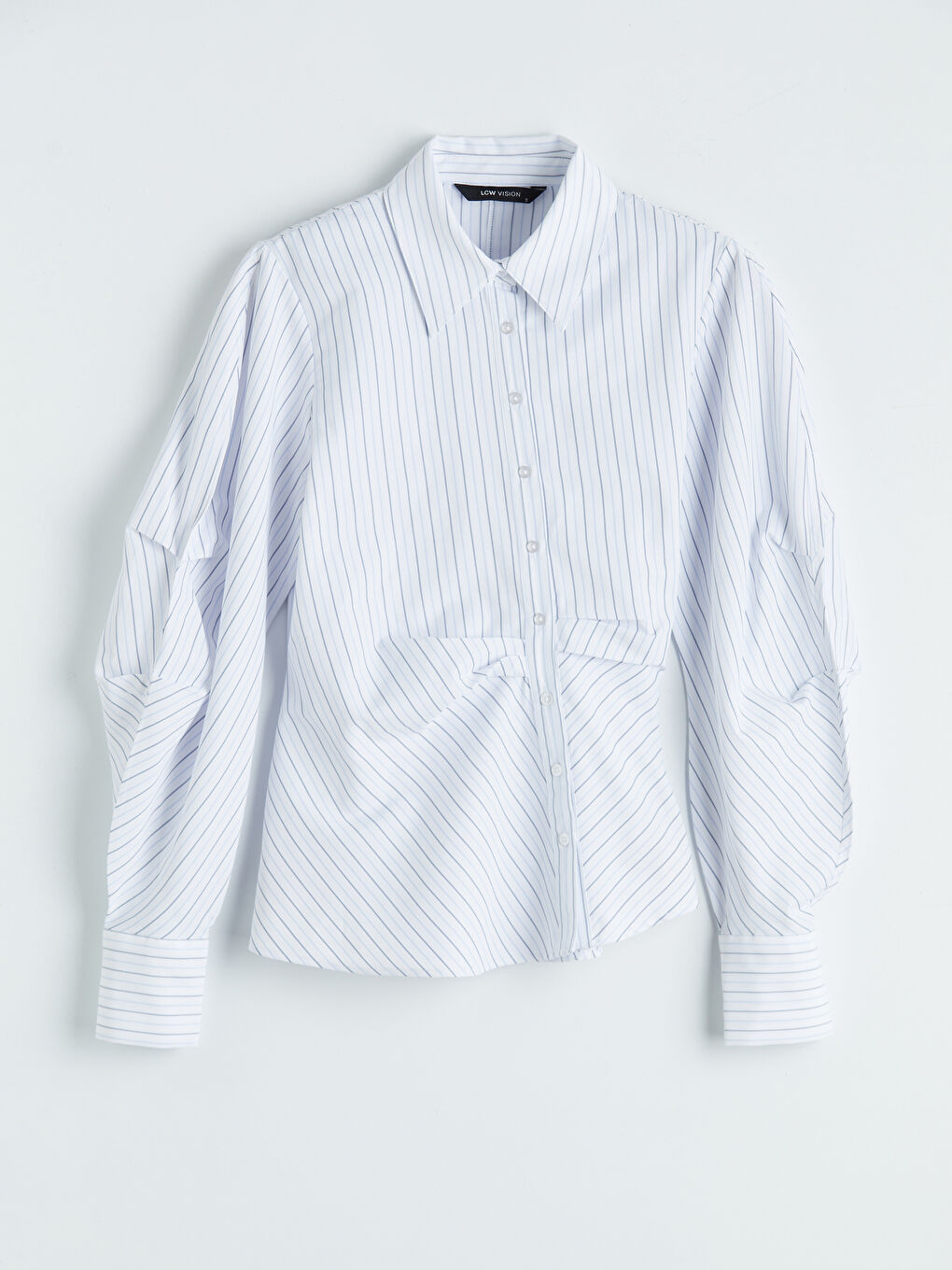 Mavi Çizgili Balon Kollu Büzgülü Kadın Gömlek-3