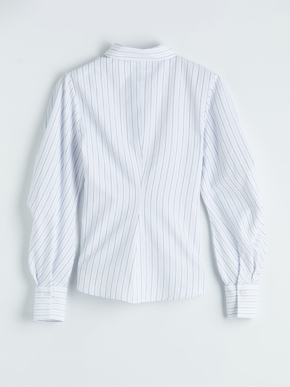 Mavi Çizgili Balon Kollu Büzgülü Kadın Gömlek-4