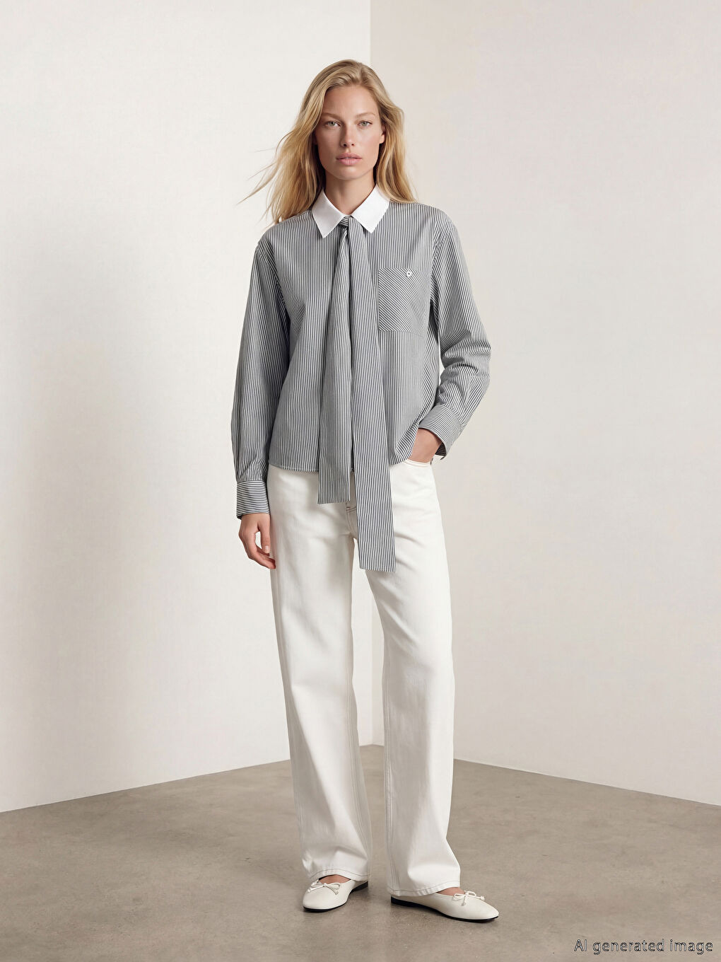 Siyah Kravat Detaylı Çizgili Kadın Gömlek-1