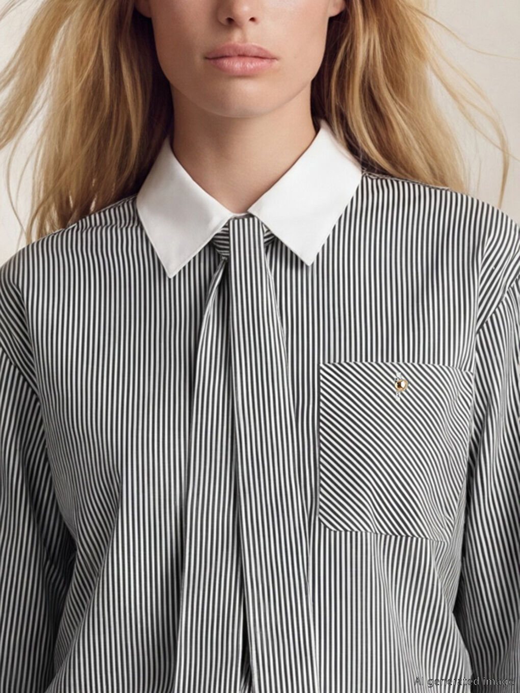 Siyah Kravat Detaylı Çizgili Kadın Gömlek-2