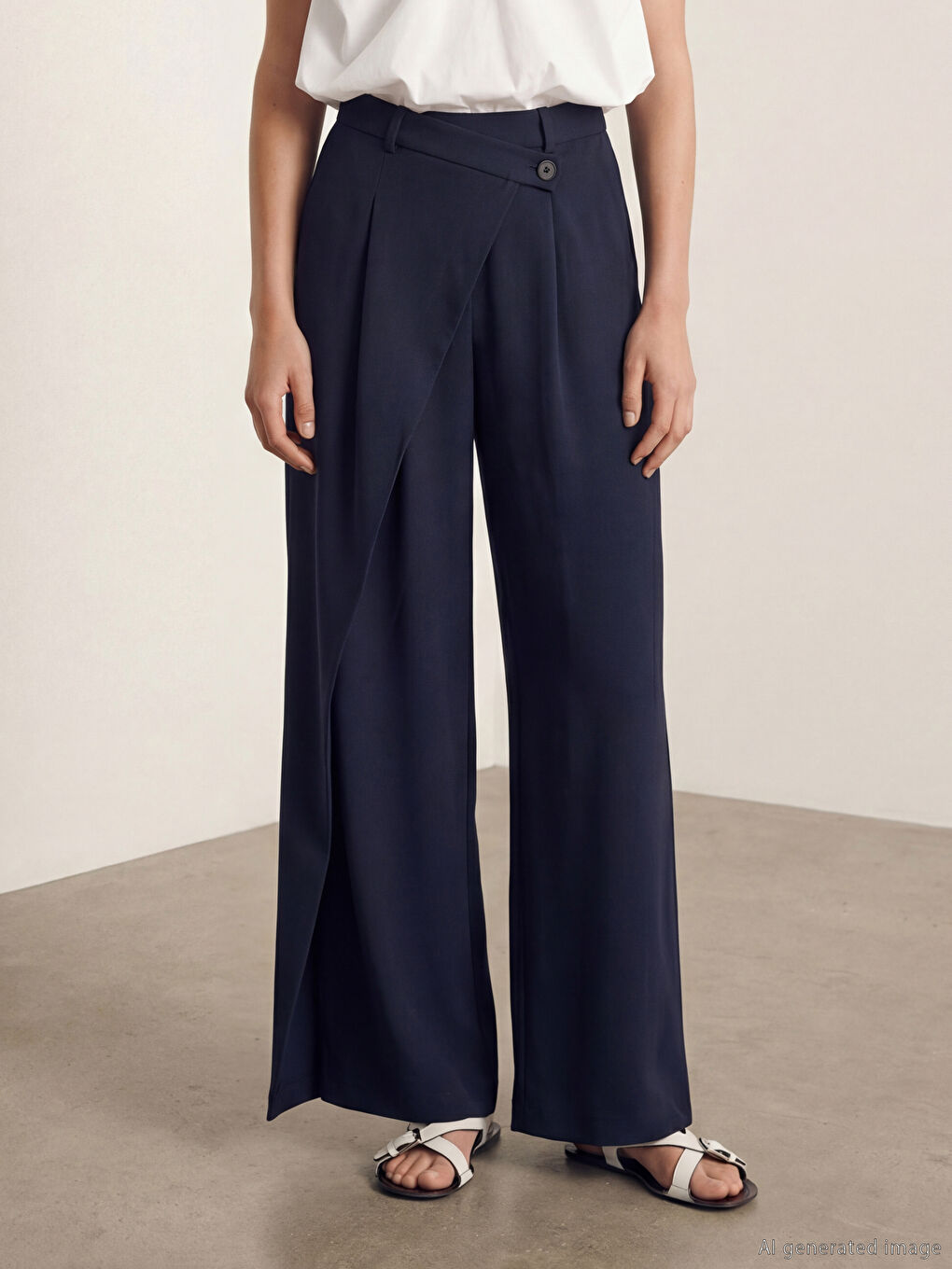 Lacivert Standart Fit Kadın Pileli Kumaş Pantolon-1