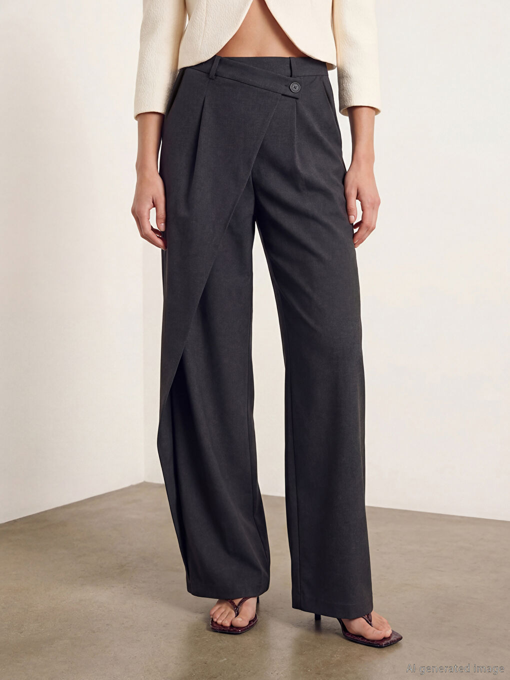 Antrasit Standart Fit Kadın Pileli Kumaş Pantolon-1