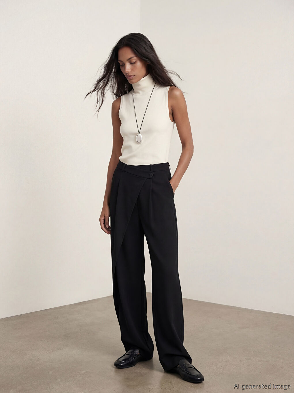 Siyah Standart Fit Kadın Pileli Kumaş Pantolon