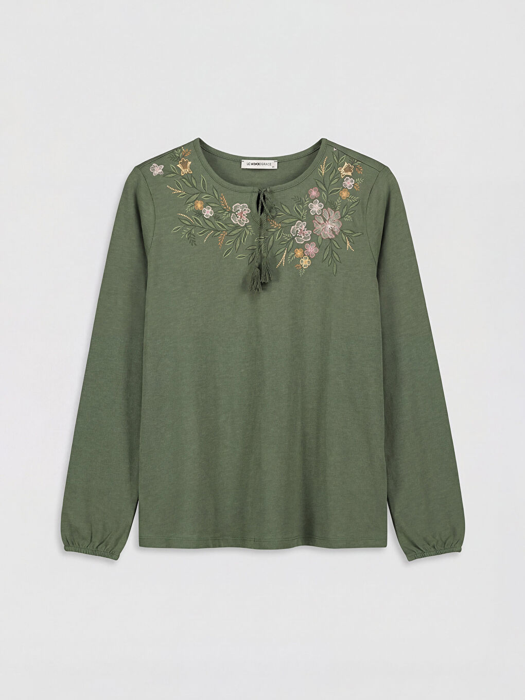 Yeşil Bağlamalı Yaka Çiçek Nakışlı Bluz-4