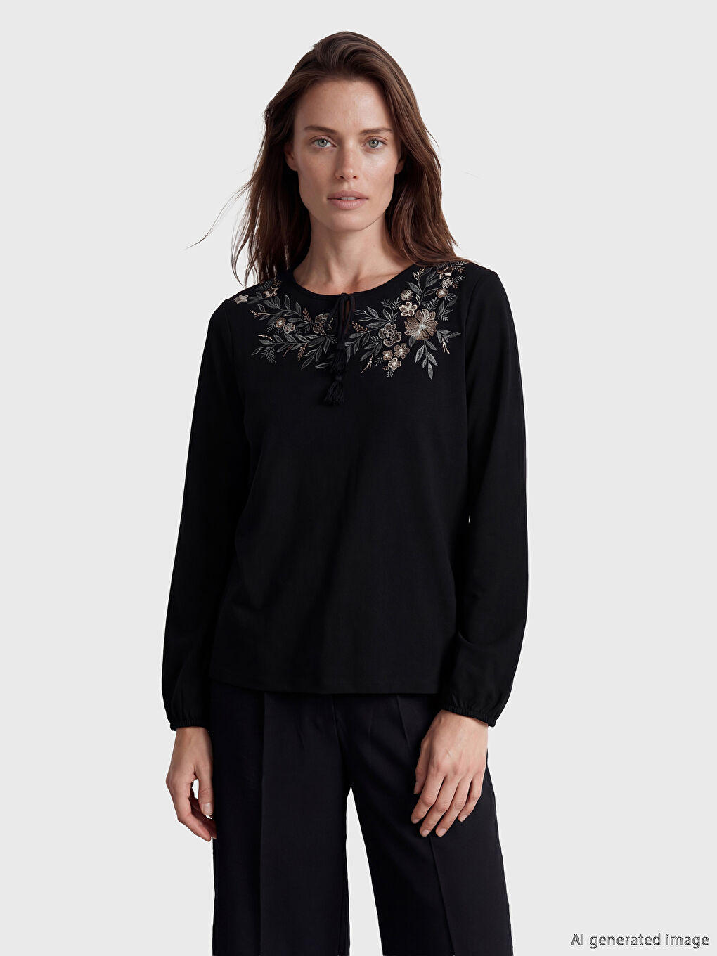 Siyah Bağlamalı Yaka Çiçek Nakışlı Bluz