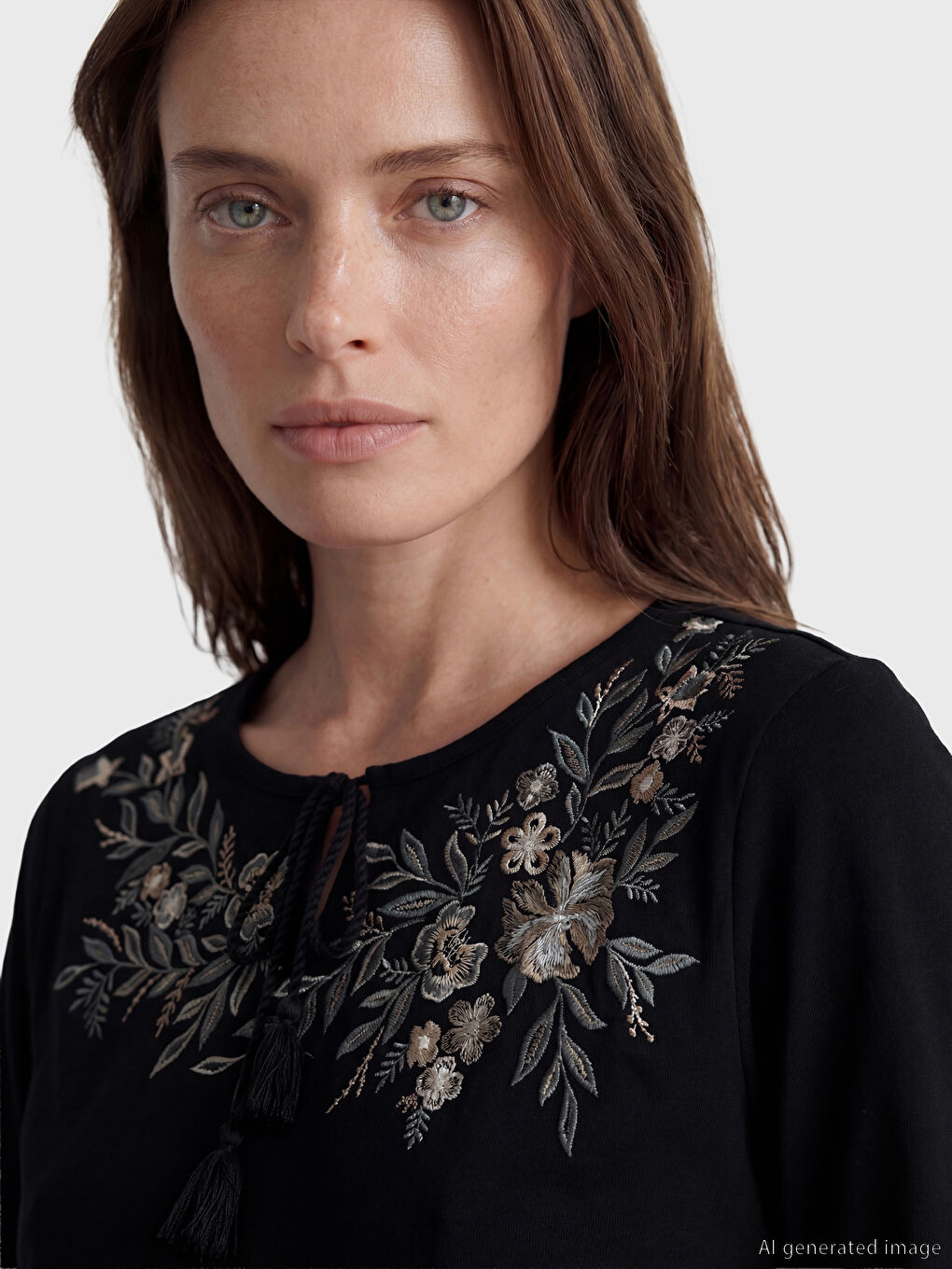 Siyah Bağlamalı Yaka Çiçek Nakışlı Bluz-2