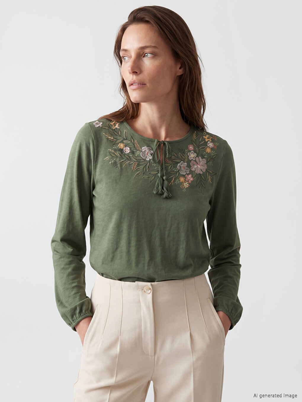 Yeşil Bağlamalı Yaka Çiçek Nakışlı Bluz