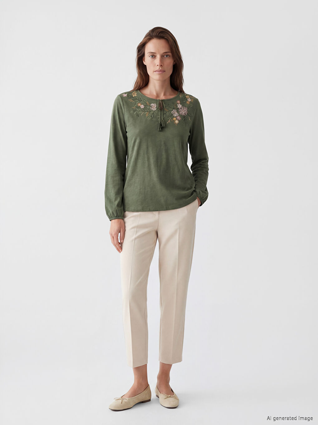 Yeşil Bağlamalı Yaka Çiçek Nakışlı Bluz-1