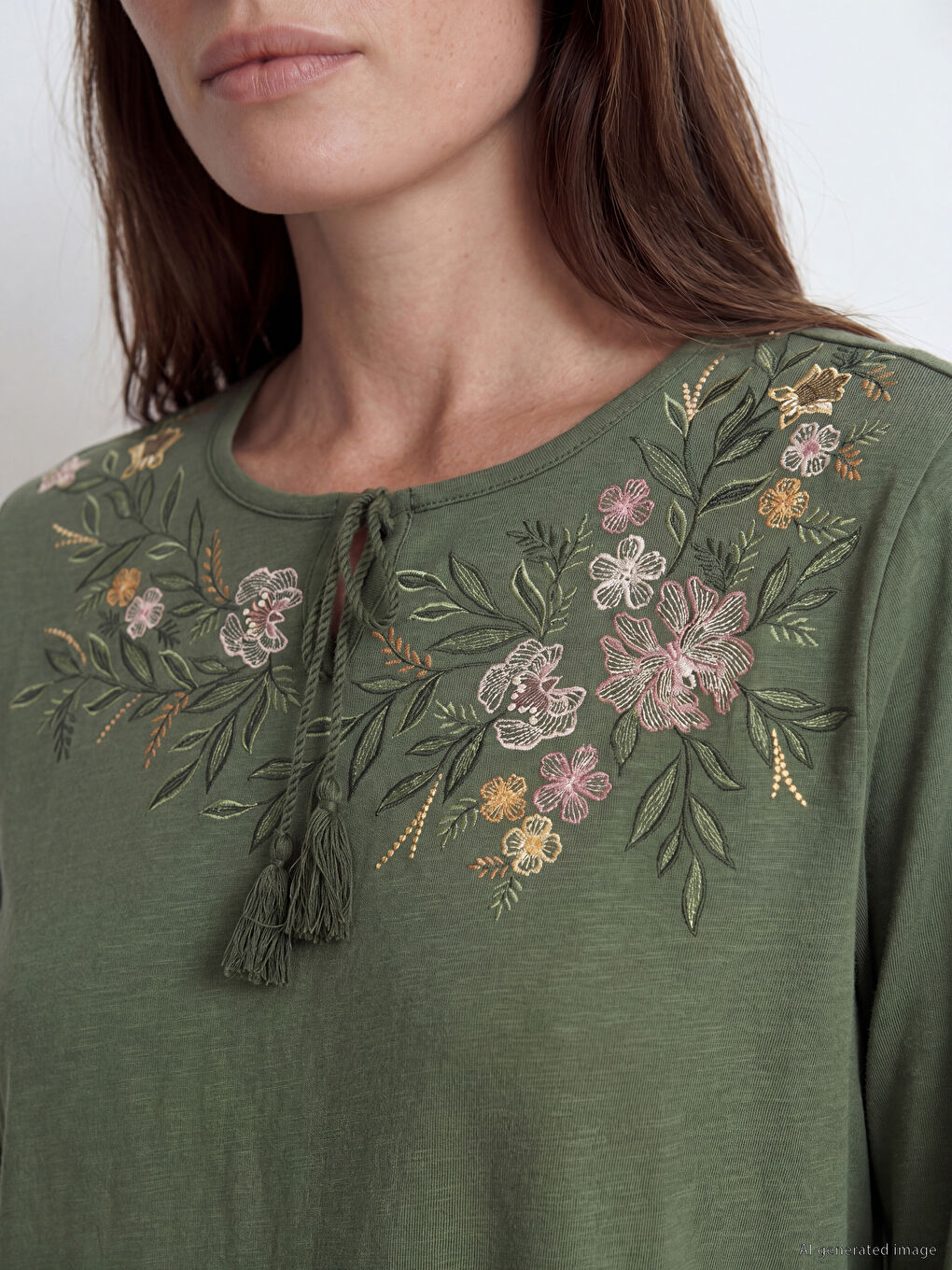 Yeşil Bağlamalı Yaka Çiçek Nakışlı Bluz-2