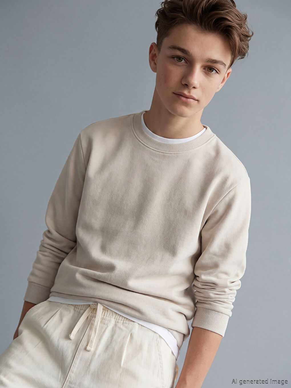 Bej Bisiklet Yaka Erkek Çocuk Sweatshirt