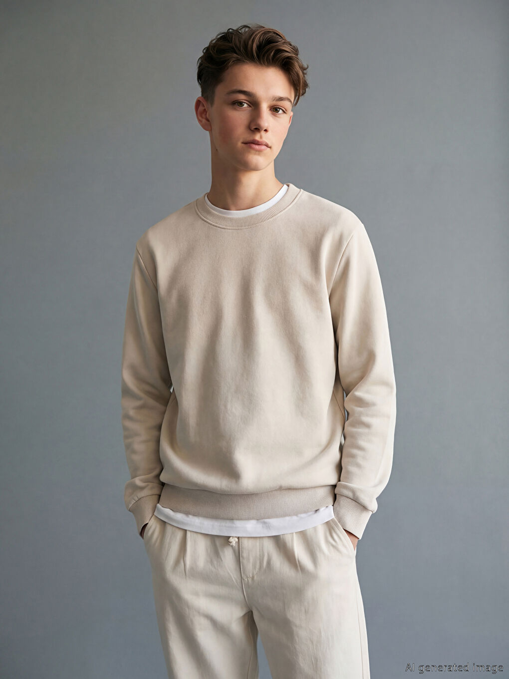 Bej Bisiklet Yaka Erkek Çocuk Sweatshirt-1