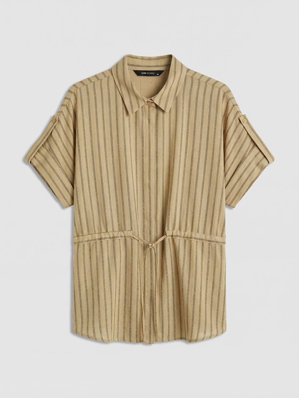 Bej Çizgili Keten Görünümlü Kadın Gömlek