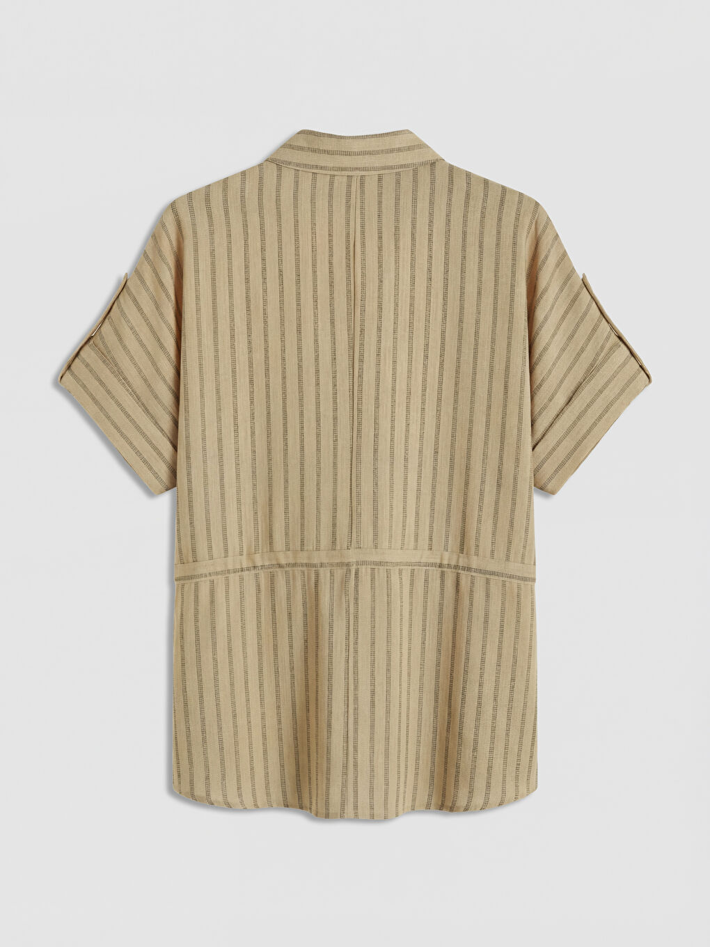 Bej Çizgili Keten Görünümlü Kadın Gömlek-1