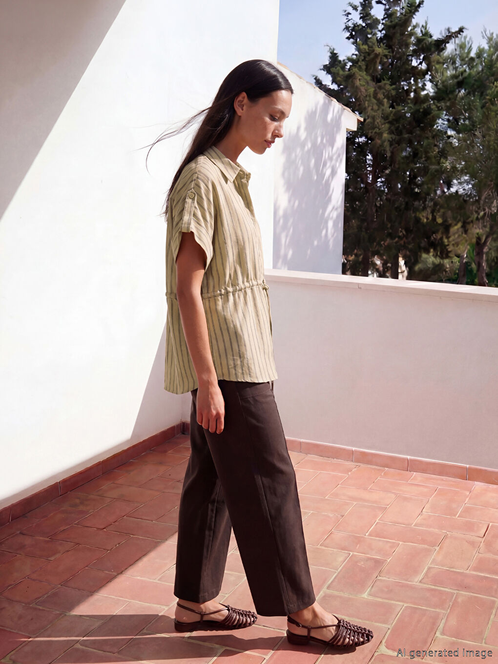 Striped Linen-Look Women's Shirt-1
