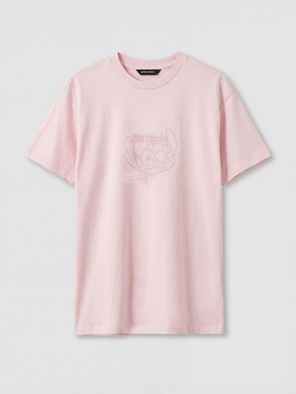 Pembe Bisiklet Yaka Stitch Baskılı Kadın Tişört	