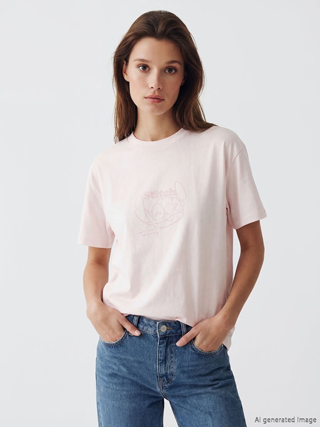 Pembe Bisiklet Yaka Stitch Baskılı Kadın Tişört	