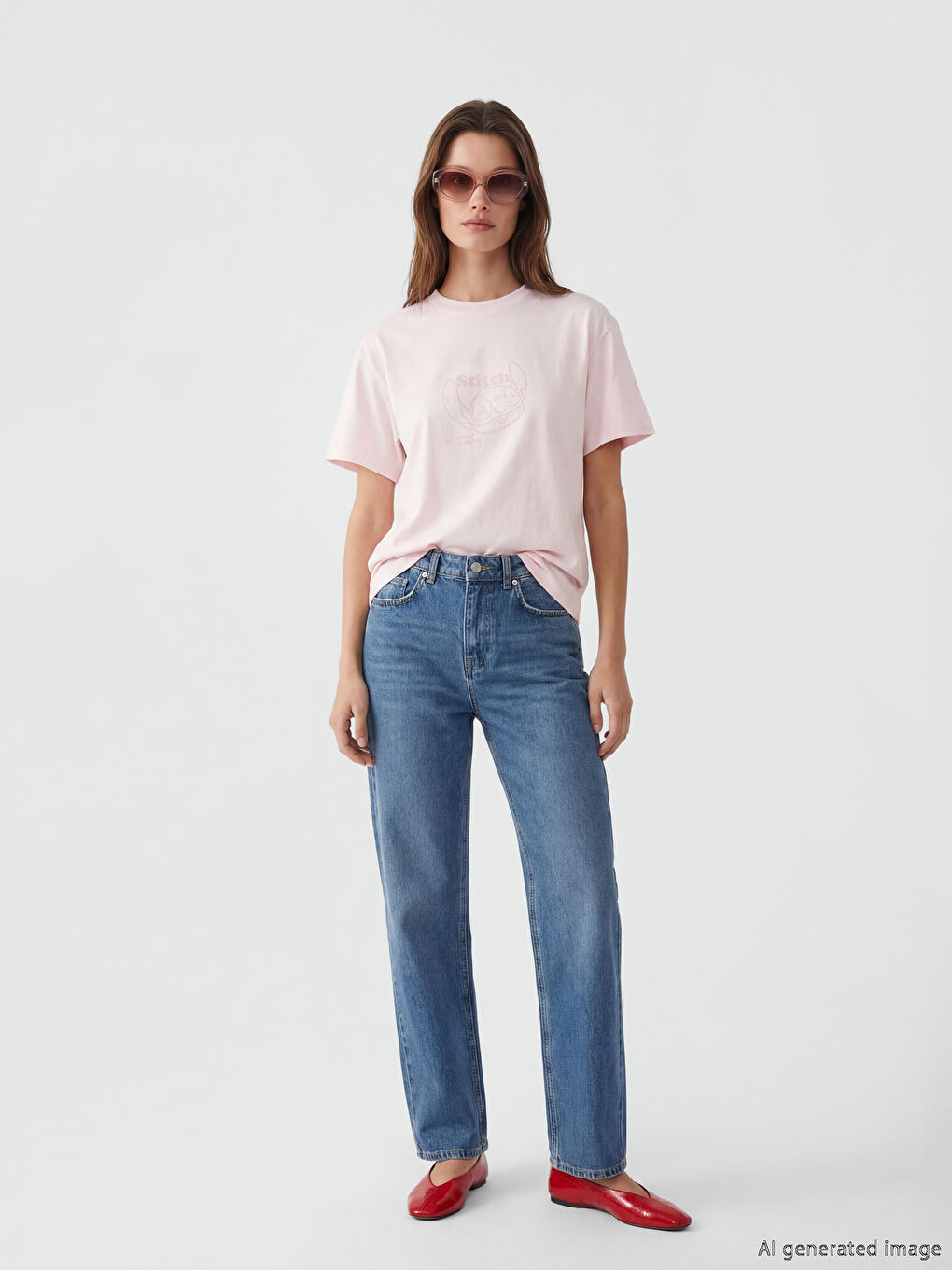 Pembe Bisiklet Yaka Stitch Baskılı Kadın Tişört	-1