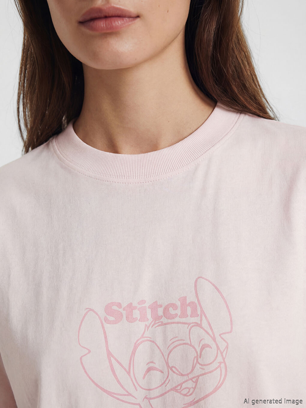 Pembe Bisiklet Yaka Stitch Baskılı Kadın Tişört	-2