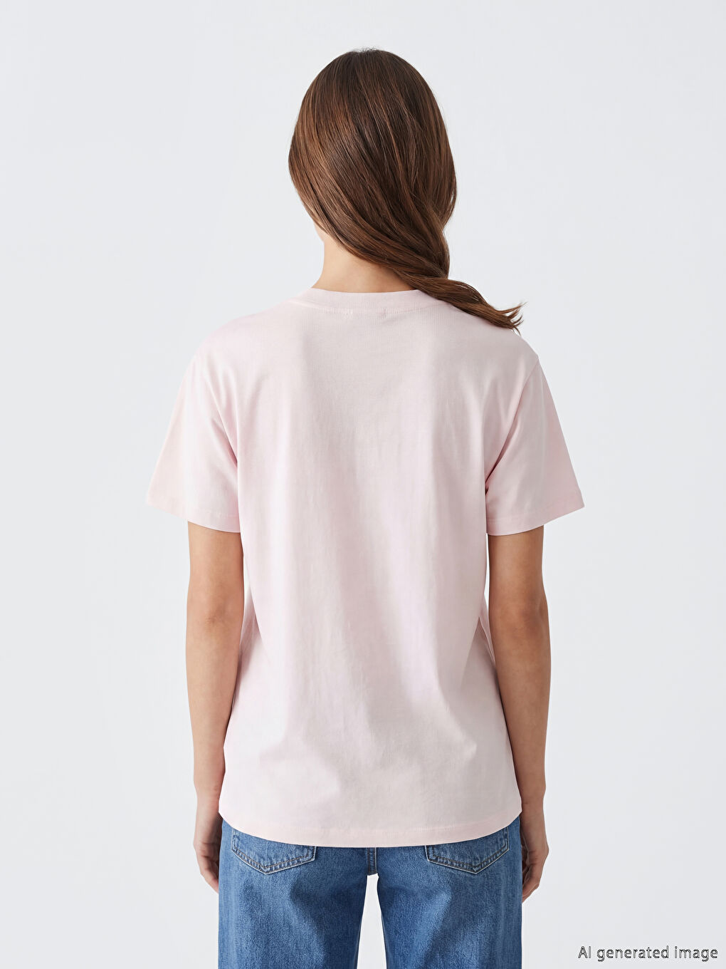 Pembe Bisiklet Yaka Stitch Baskılı Kadın Tişört	-3