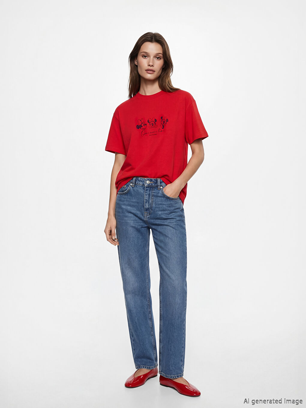 Kırmızı Bisiklet Yaka Minnie Mouse Baskılı Kadın Tişört	-1