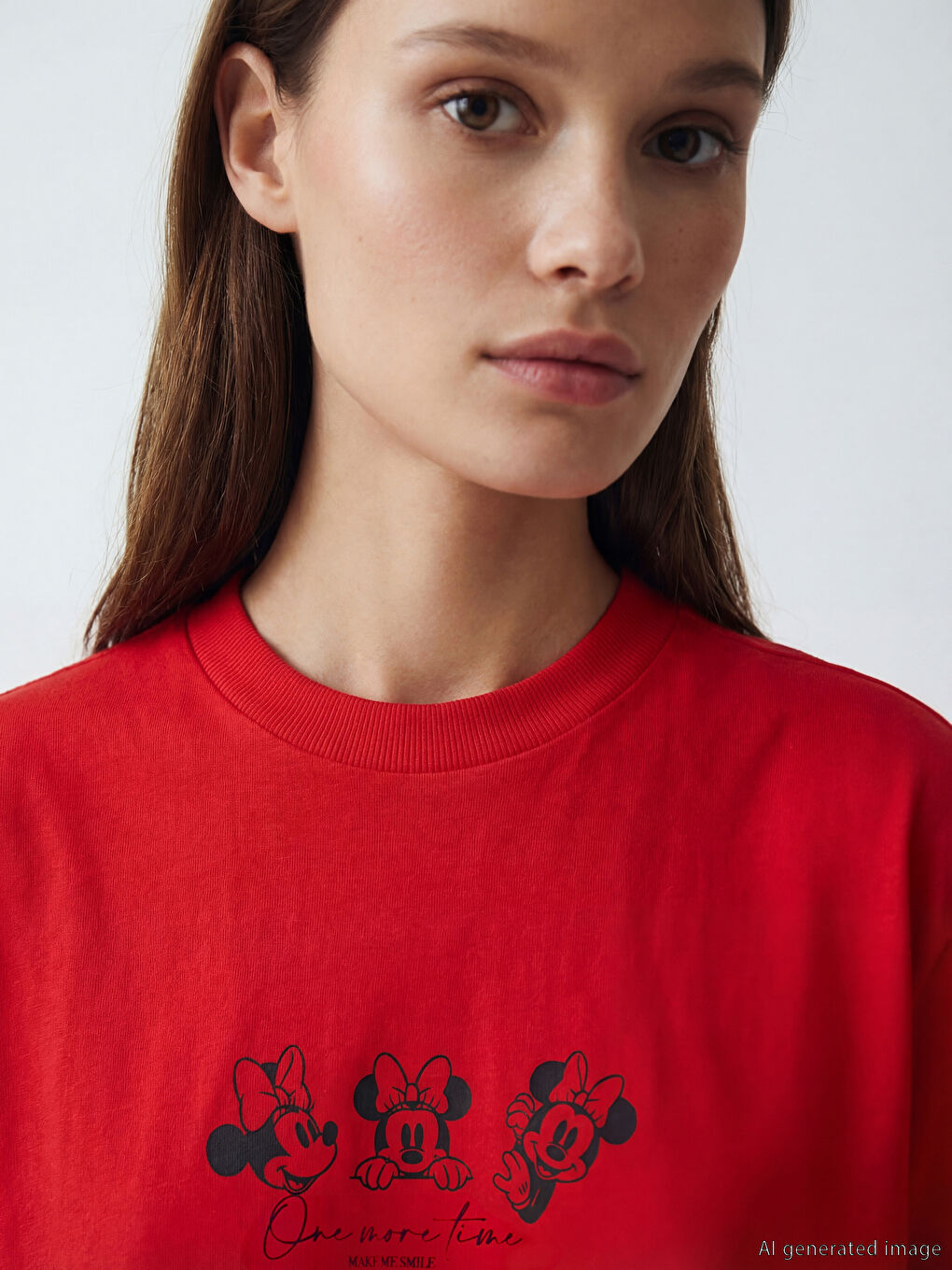 Kırmızı Bisiklet Yaka Minnie Mouse Baskılı Kadın Tişört	-2