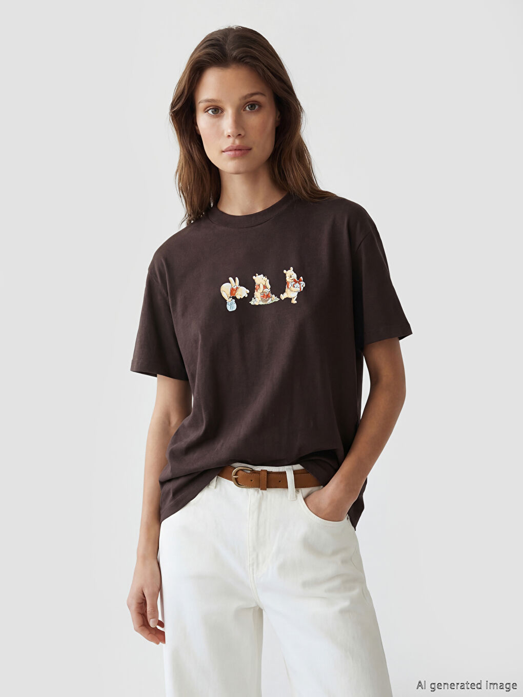Kahverengi Winnie the Pooh Baskılı Kadın Tişört	
