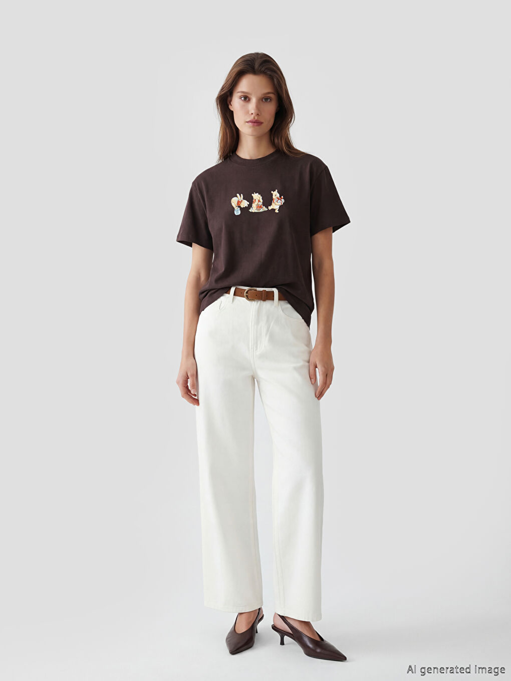 Kahverengi Winnie the Pooh Baskılı Kadın Tişört	-1