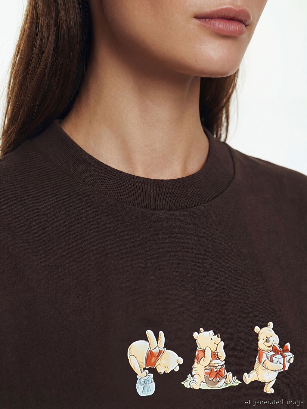 Kahverengi Winnie the Pooh Baskılı Kadın Tişört	-2